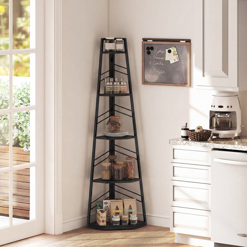 Corner Bookcase with Five Shelves for Space Saving Storage and Display Black AOSOM