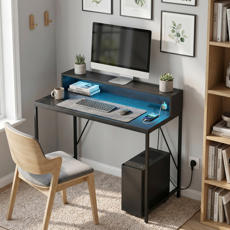 Computer Desk With Built-In Charging and RGB LED Lighting for Organised Home Workspace Black Wood-Effect