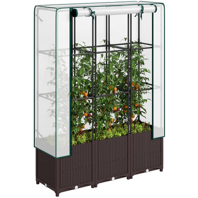 Raised Garden Bed with Trellis Plastic Planter Box with Drainage for Climbing Plants by Outsunny