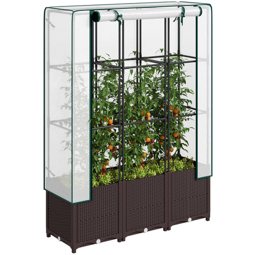 Raised Garden Bed with Trellis Plastic Planter Box with Drainage for Climbing Plants by Outsunny