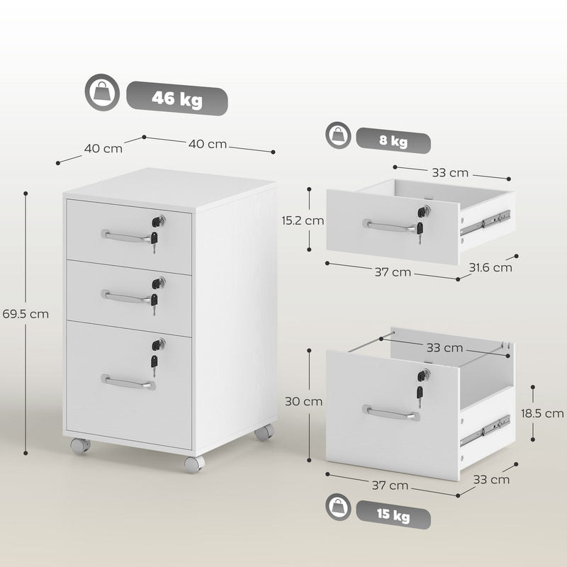 White 3 Drawer Office Filing Cabinet With Wood Effect Finish For Home Organisation