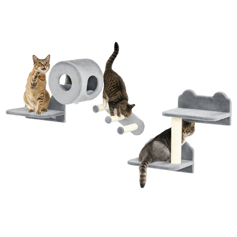 Wall Mounted Cat Tree with Steps Perch and Hidden House Ideal for Climbing, Grey