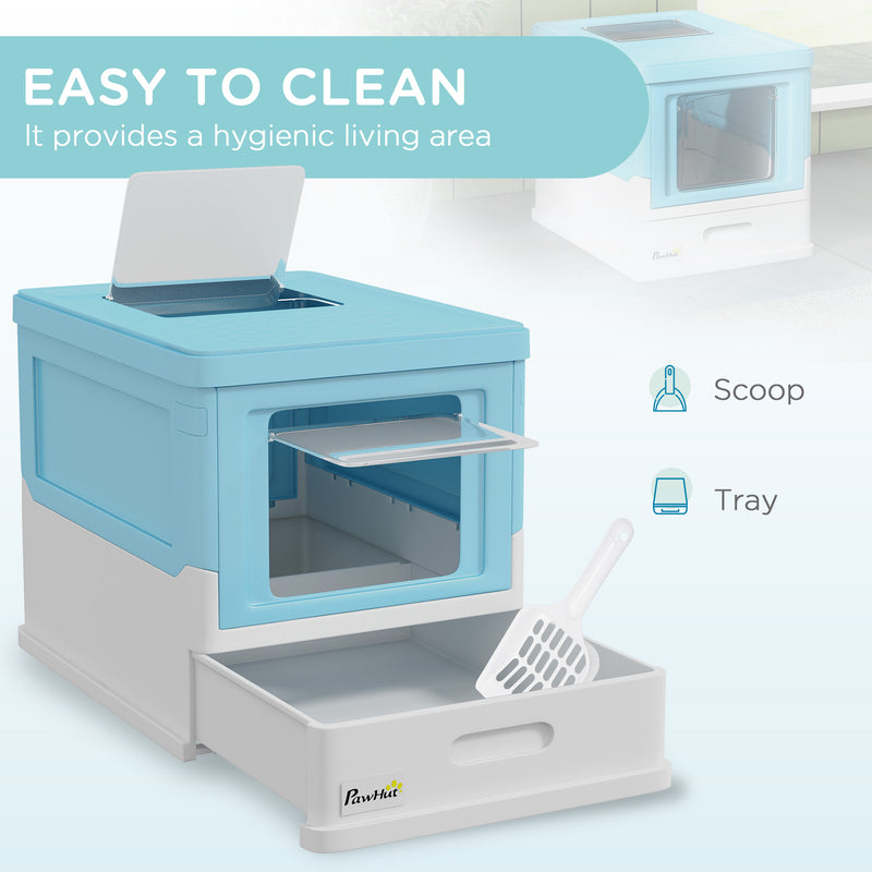 Light Blue Hooded Cat Litter Box with Scoop and Front Entry Portable Pet Toilet