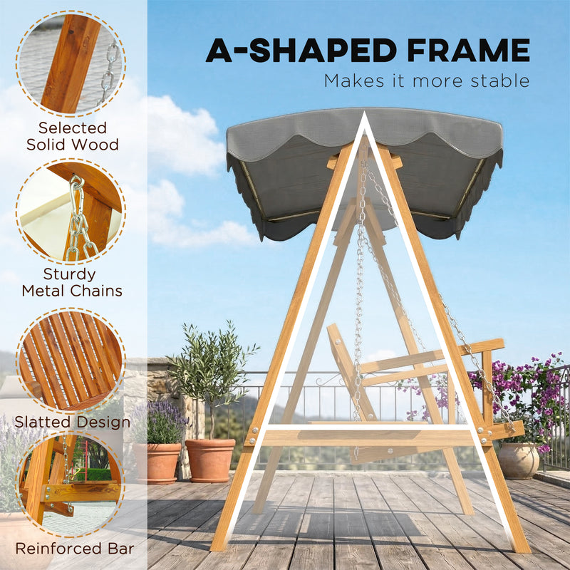 3 Seater Wooden Garden Swing Seat with Canopy for Outdoor Relaxing Pine Wood Frame Dark Grey Outsunny