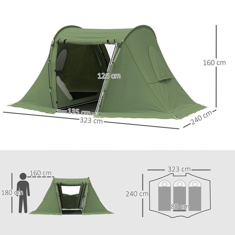 Family Camping Tent with Two Bedrooms and Living Area for 2–3 People Waterproof Green