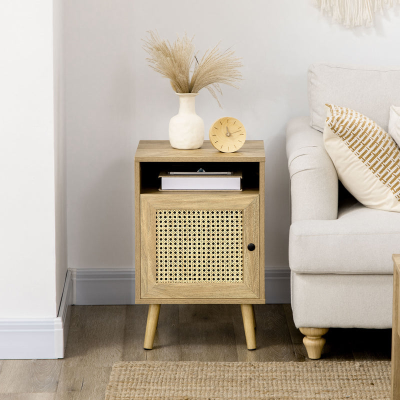 Set of 2 Rattan Bedside Tables with Storage Shelf and Cupboard Ideal for Bedrooms Natural