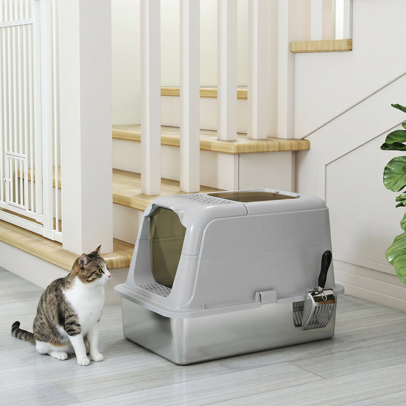 Enclosed Stainless Steel Litter Tray For Cleaner Floors, Scoop, 2 Doors, Light Grey