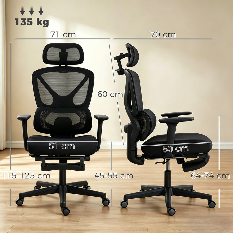 Ergonomic Office Chair with Adjustable Support and Reclining Leg Rest for Home Working Black