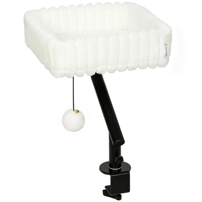 PawHut clamp-on cat desk bed in white, studio shot with hanging teaser ball