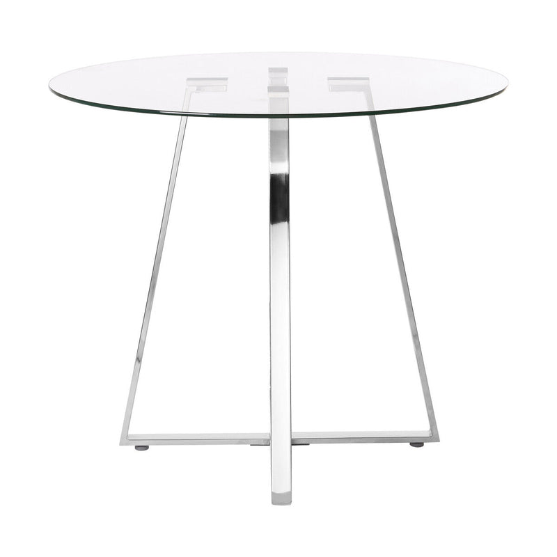 Clear glass round dining table with silver metal base on a plain background