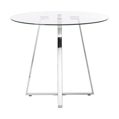 Clear glass round dining table with silver metal base on a plain background