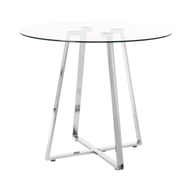 Round glass top dining table with silver metal base, studio shot