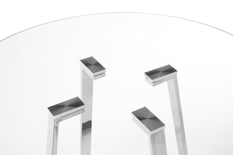 Close-up of the clear glass tabletop surface and edge finish