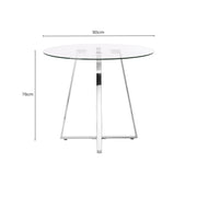 Dimensions diagram of the clear glass round dining table, 90cm diameter by 76cm height