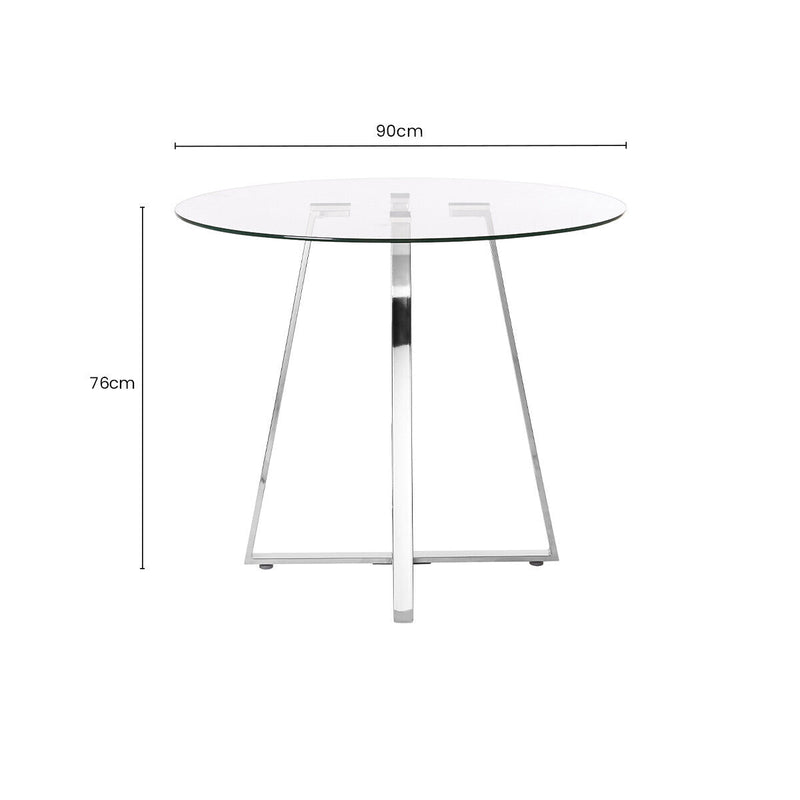 Dimensions diagram of the clear glass round dining table, 90cm diameter by 76cm height