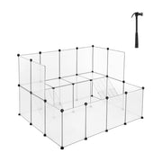 Assembled Songmics clear plastic pet playpen with panels and metal grid shelf