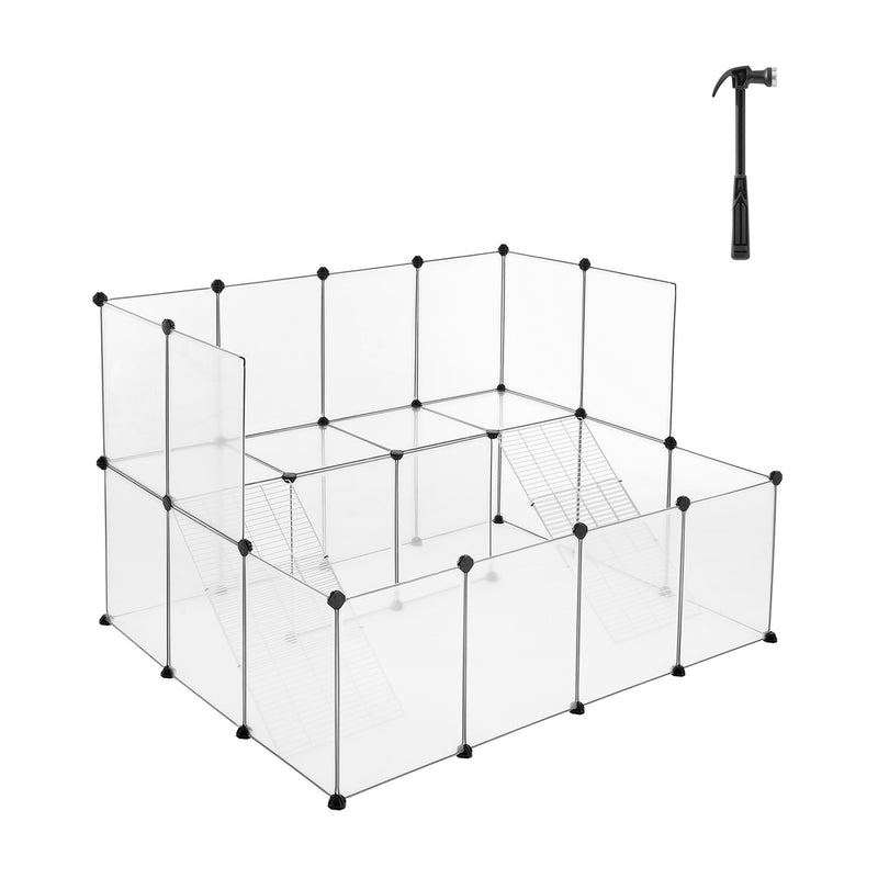 Assembled Songmics clear plastic pet playpen with panels and metal grid shelf