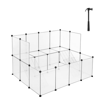 Assembled Songmics clear plastic pet playpen with panels and metal grid shelf