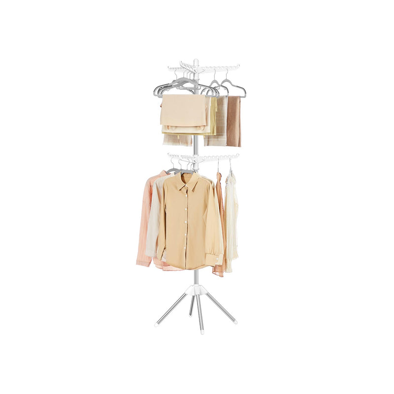 White and silver 6-arm clothes drying rack holding shirts on a plain background