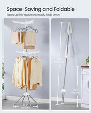 Graphic showing the drying rack in use at 60 cm wide and folded to 222 cm leaning on a wall