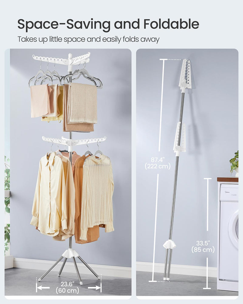 Graphic showing the drying rack in use at 60 cm wide and folded to 222 cm leaning on a wall