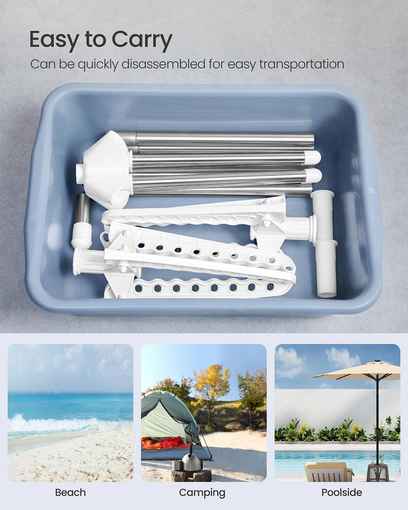 Drying rack taken apart into poles and arms inside a laundry tub for carrying