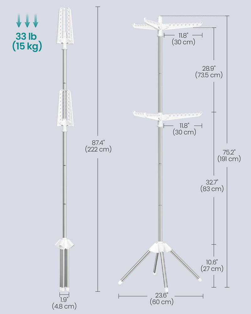 Dimensions diagram showing the rack folded at 4.8 x 222 cm and assembled at 60 x 60 x 191 cm
