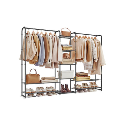 Songmics matt black open wardrobe with hanging rail and shelves, front view