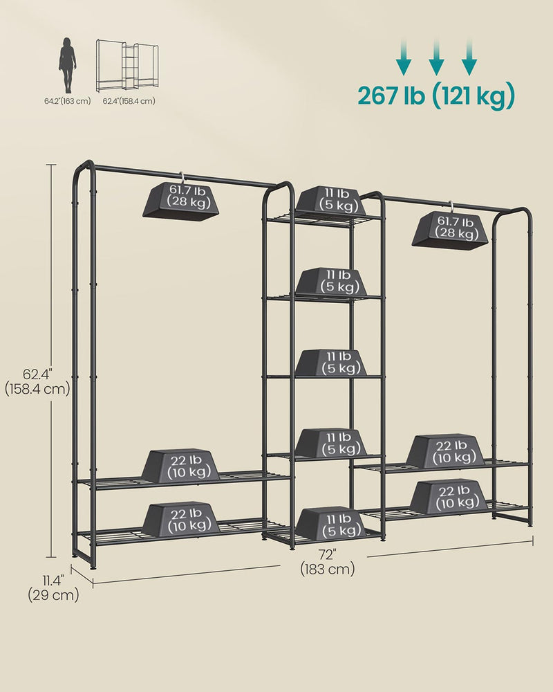 Open wardrobe dimensions diagram, 183 x 29 x 158.4 cm