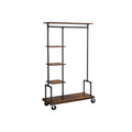 Rustic brown and black clothing rack on wheels with five shelves and a hanging rail