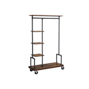 Rustic brown and black clothing rack on wheels with five shelves and a hanging rail
