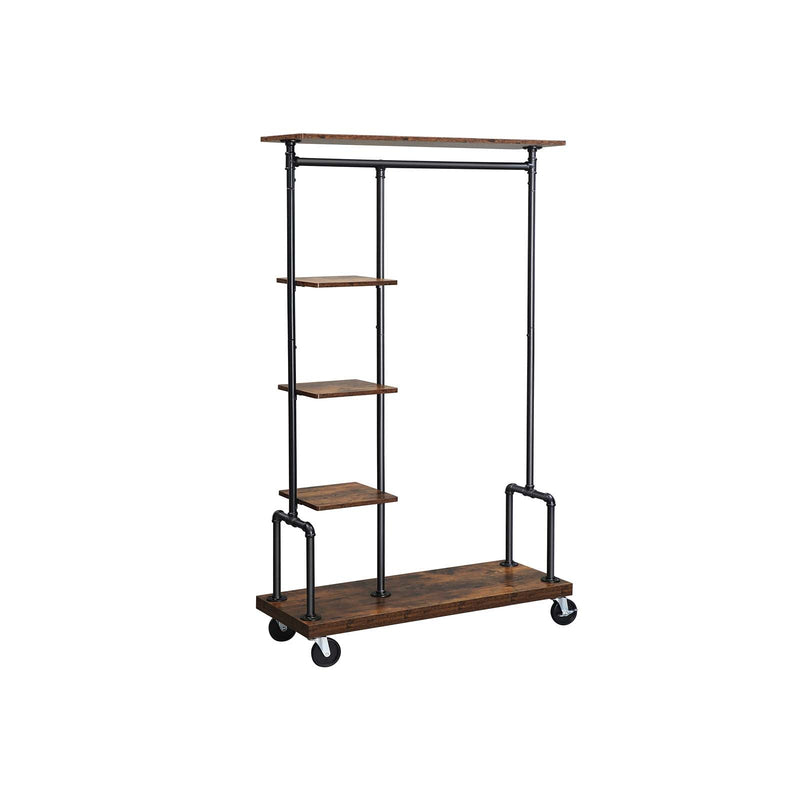 Rustic brown and black clothing rack on wheels with five shelves and a hanging rail