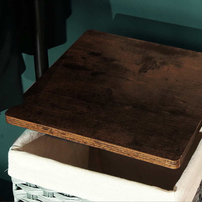 Close-up of a rustic brown shelf board above a woven basket