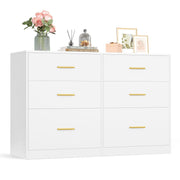 Cloud White 6 drawer chest of drawers with gold handles on a white background with flowers and frames on top