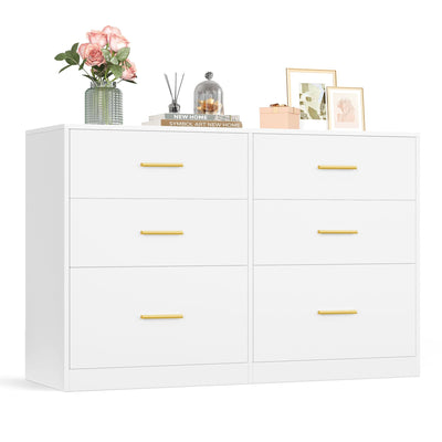 Cloud White 6 drawer chest of drawers with gold handles on a white background with flowers and frames on top