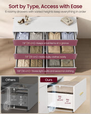 Open drawers filled with folded clothes showing 20 cm and 30 cm drawer front heights