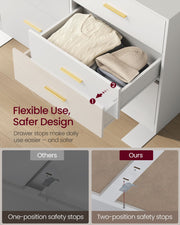 Drawer pulled out with knitwear inside and a close-up of two-position safety stops