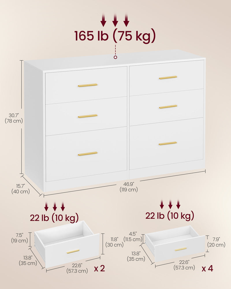 Dimensions diagram showing 119 x 40 x 78 cm, 75 kg top load and drawer sizes