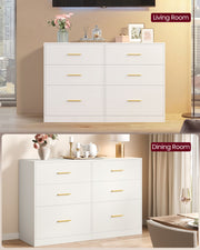White 6 drawer chest styled in a living room and a dining room