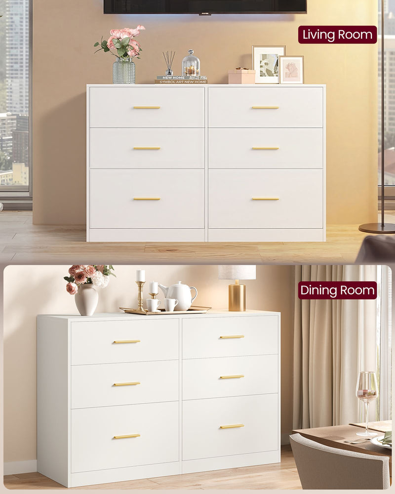 White 6 drawer chest styled in a living room and a dining room