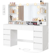 Cloud White dressing table with LED mirror, shelves, 10 drawers and a built-in power strip on a plain background