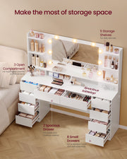 Dressing table storage layout with 5 shelves, 3 open compartments, 2 large drawers and 8 small drawers