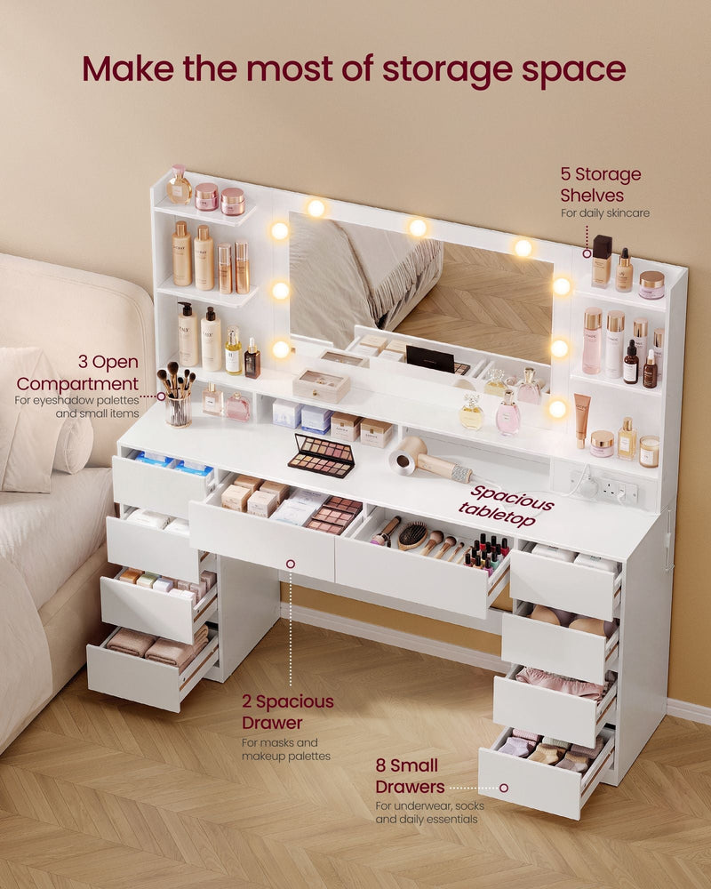 Dressing table storage layout with 5 shelves, 3 open compartments, 2 large drawers and 8 small drawers