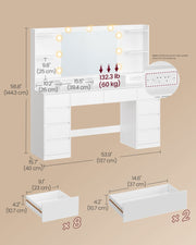Dimensions diagram showing 137 cm width, 40 cm depth, 144.3 cm height, 60 kg tabletop load and drawer sizes
