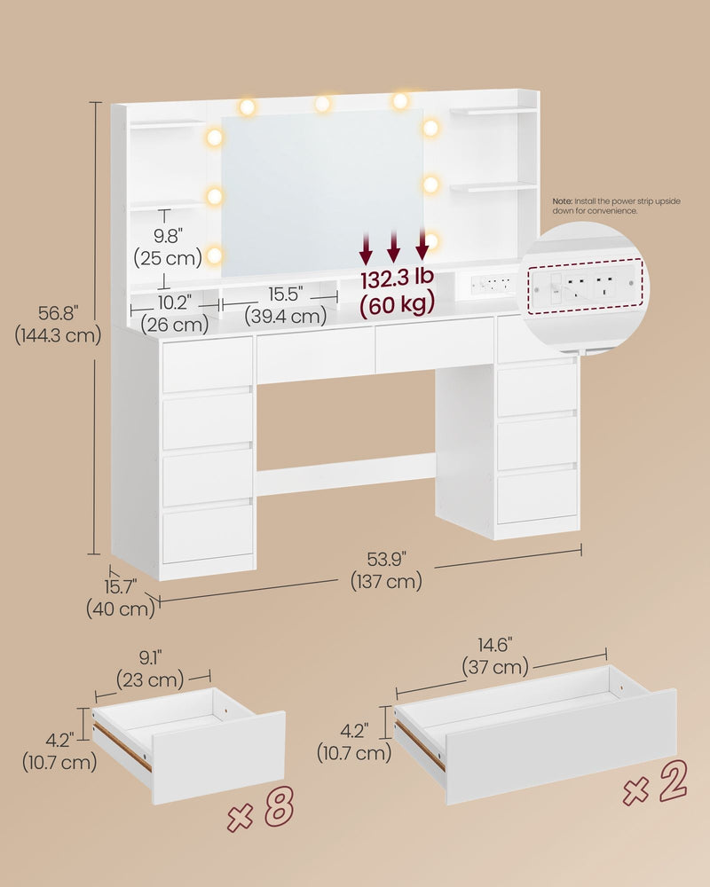 Dimensions diagram showing 137 cm width, 40 cm depth, 144.3 cm height, 60 kg tabletop load and drawer sizes