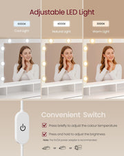 Mirror shown with cool, natural and warm LED light settings and the cable switch that changes colour and brightness