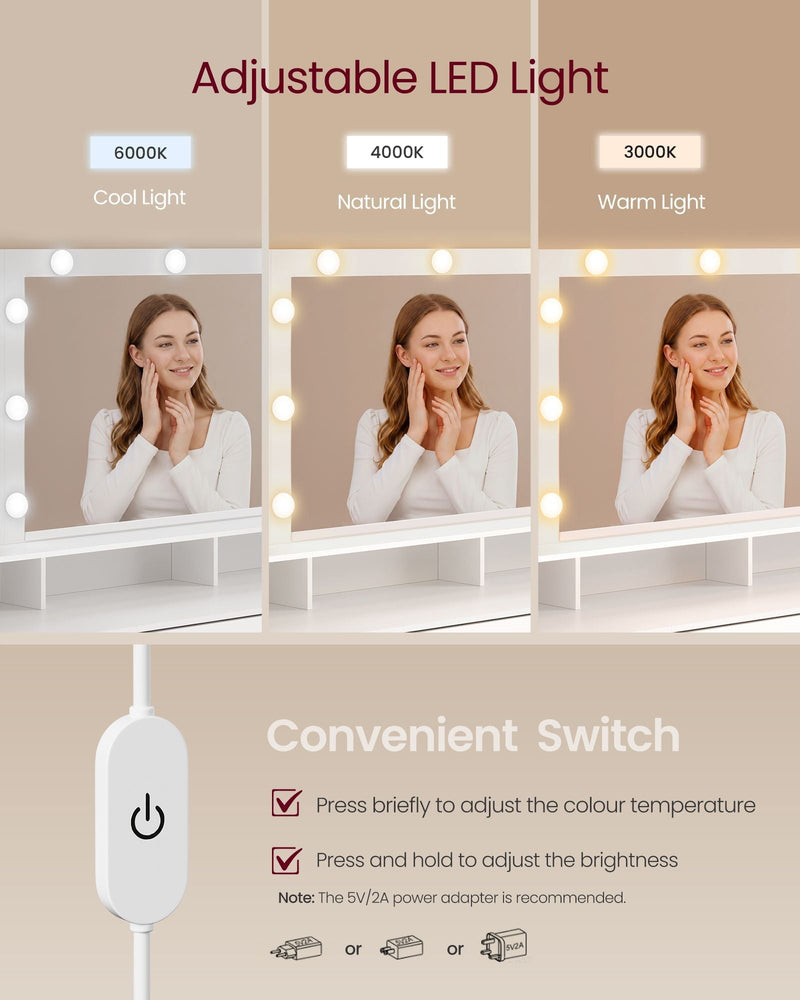 Mirror shown with cool, natural and warm LED light settings and the cable switch that changes colour and brightness