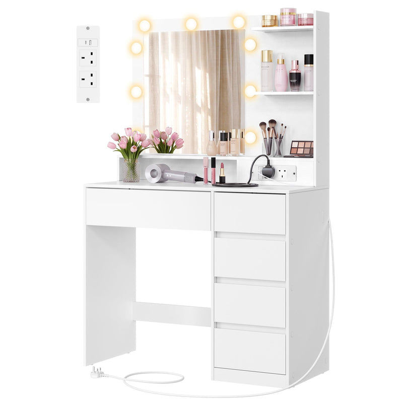 Vasagle cloud white dressing table with 5 drawers and lighted mirror on a white background