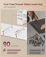 Diagram showing tool-free drawer slide assembly and screw fittings for the dressing table