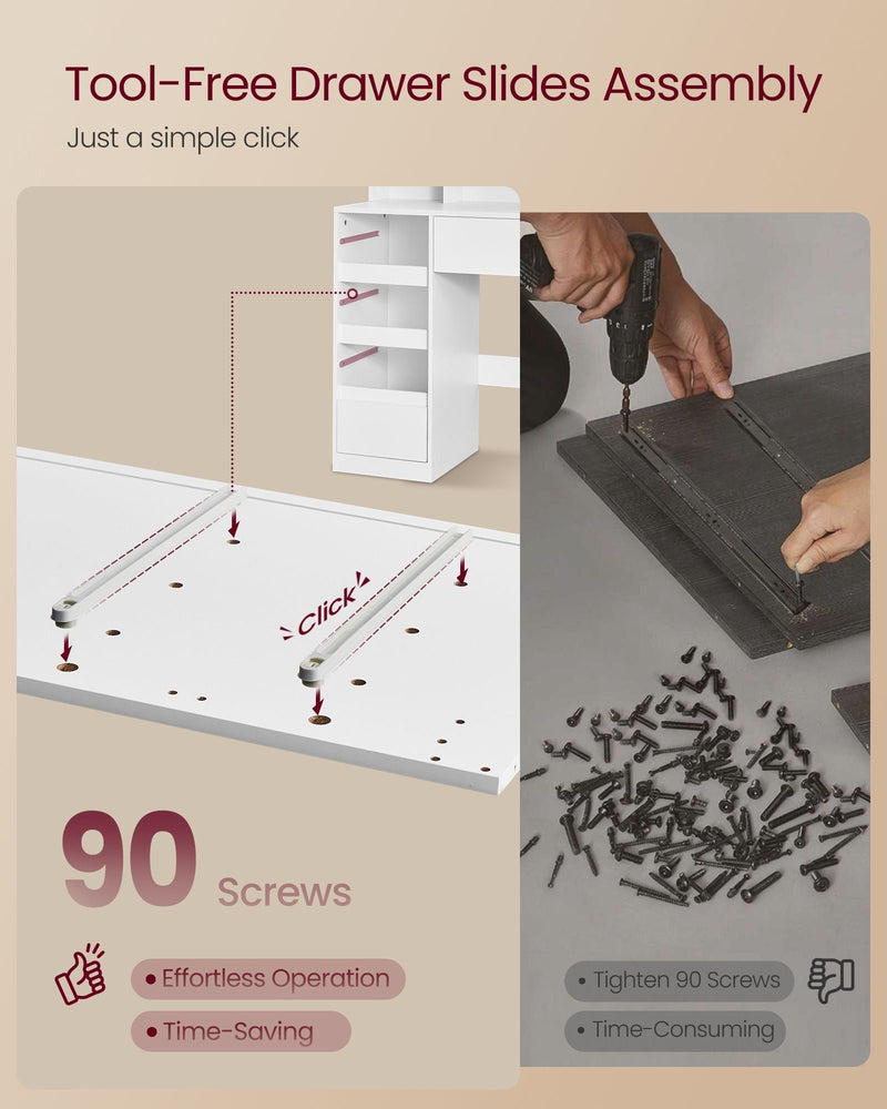 Diagram showing tool-free drawer slide assembly and screw fittings for the dressing table